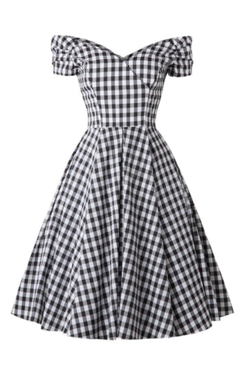Svart Gingham Av Axeln Vintage 1950-Tals Klänning